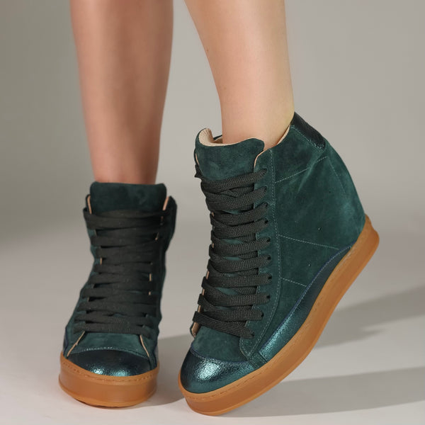 Fearless Wedge Sneaker: Emerald Green Suede