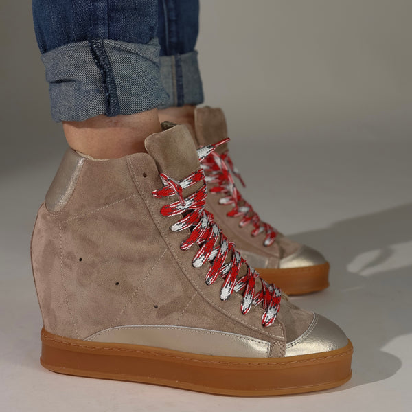 Fearless Wedge Sneaker: Taupe Suede with Red Hiking Laces
