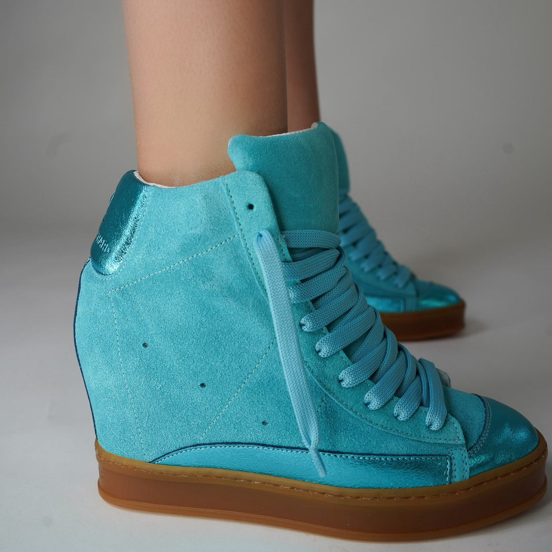 Fearless Aquamarine Suede High Top Wedge Sneaker – CynthiaRichard