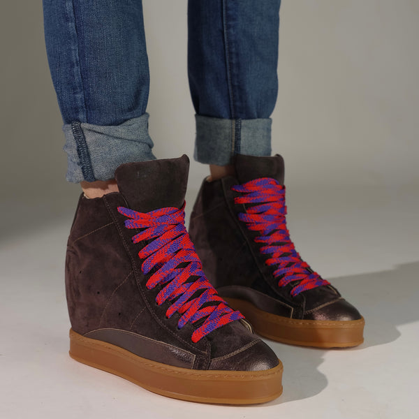 Fearless Wedge Sneaker: Chocolate Brown Suede with Red Hiking Laces