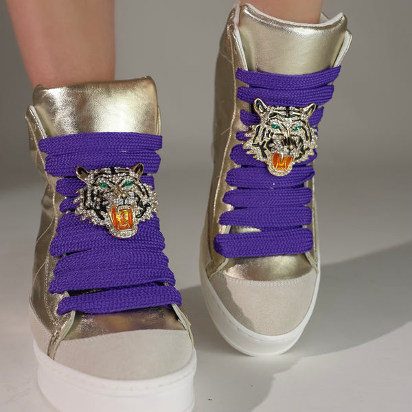 Fearless Gold Metallic Tiger with Purple Laces High Top Wedge Sneaker