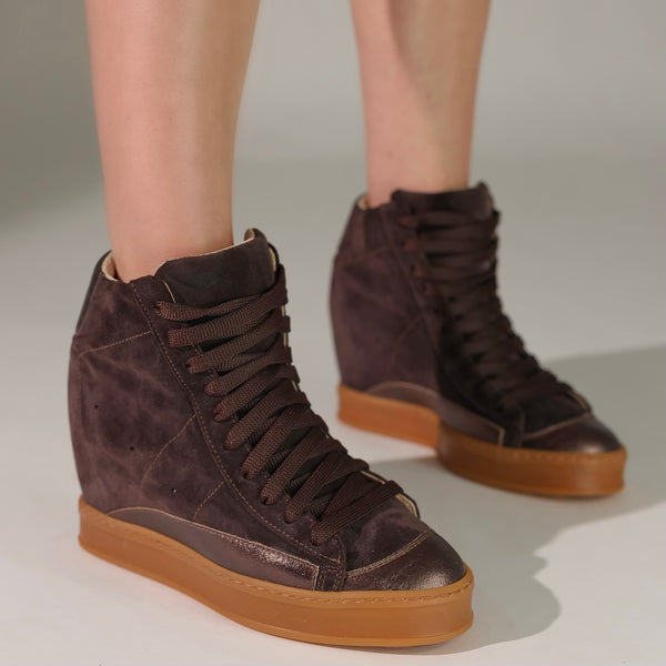 Fearless Wedge Sneaker: Chocolate Brown Suede