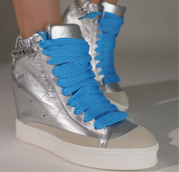 Fearless White Flier With Baby Blue Laces Wedge Sneaker