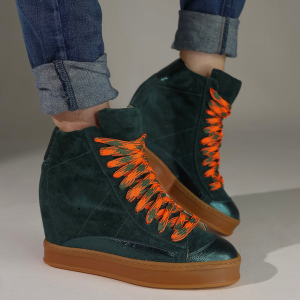 Fearless Wedge Sneaker: Emerald Suede with Orange Hiking Laces