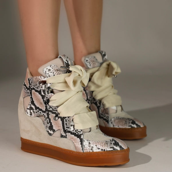 Courageous Tan Snakeskin High Top Wedge Sneaker