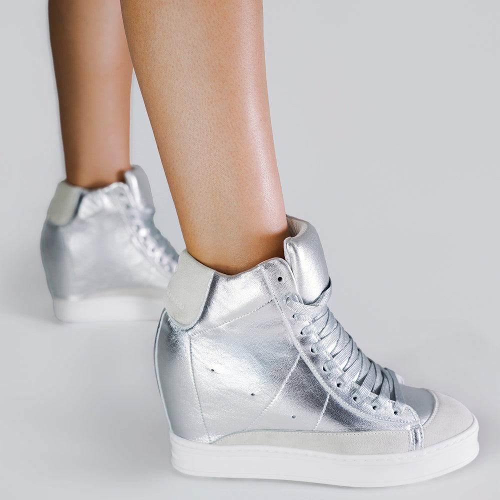 Cynthia Richard Fearless Silver Wedge Sneaker | Shop Luxury Shoes