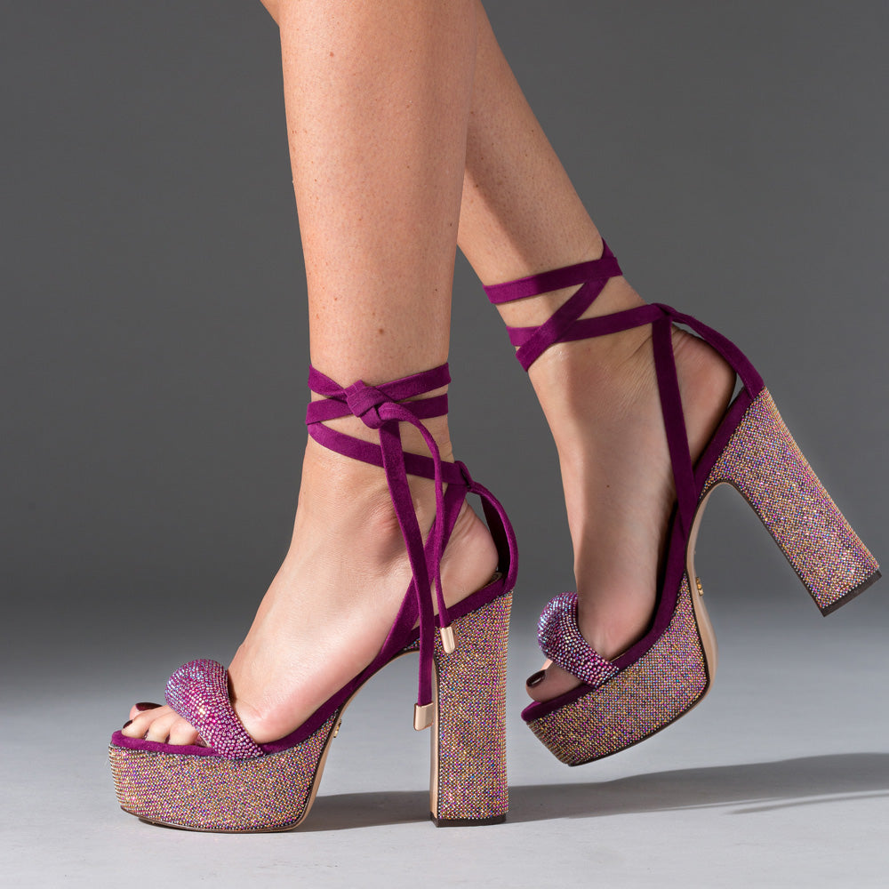 orchid purple platform heels embossed with crystals