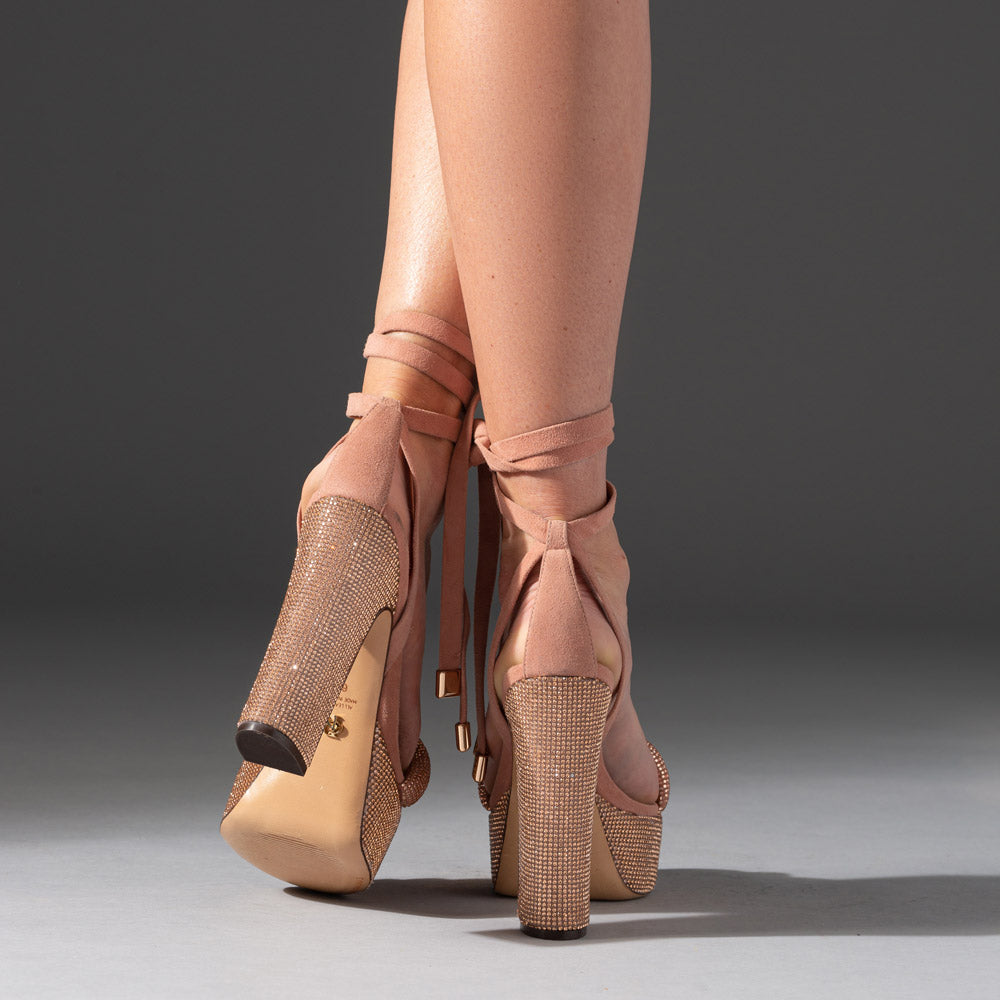 mauve pink platform heels embossed with crystals