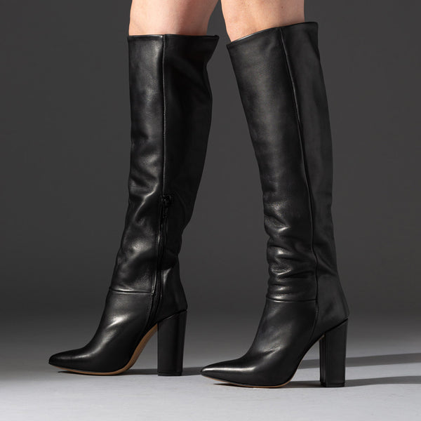 black leather knee-high wide heeled boots