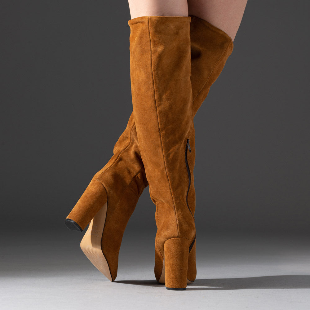 caramel suede leather knee-high heeled boots