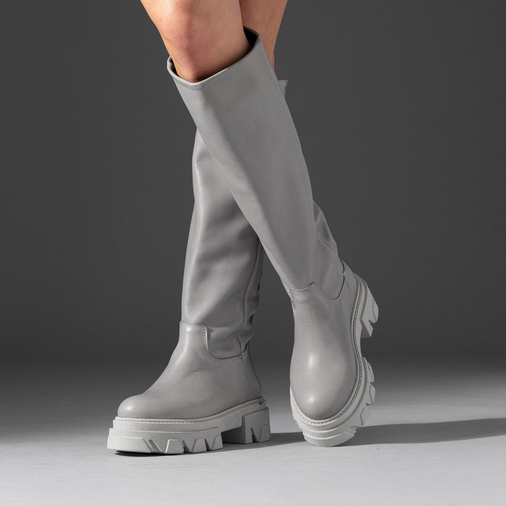 knee-high gray leather lugged sole boot